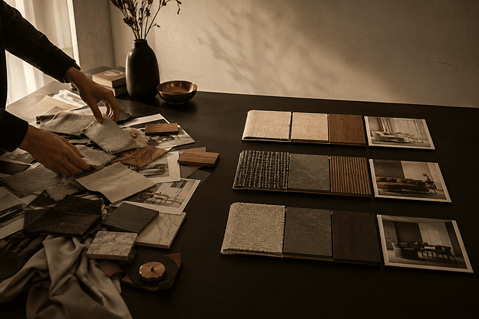 Scattered furniture samples and references next to three collections organised by room